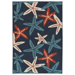 Kaleen Rugs Amalie Starfish 2'2" X 8' Navy, Ivory, Light Blue And Tangerine Indoor/Outdoor Runner