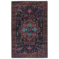 Kaleen Rugs Zumba Beach 2' X 3' Navy, Pink, Gold, Turquoise, Grey, Plum And Black Area Rug